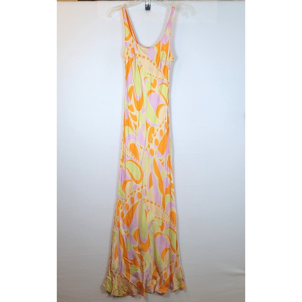 DELFI Womens Donna Abstract Geometric Maxi Tank Dress Size Medium Orange Retro